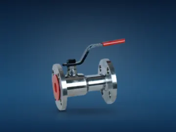 VENU flanged ball valve with a lever handle and red end cap, shown as a product shot on a deep sea-blue backdrop