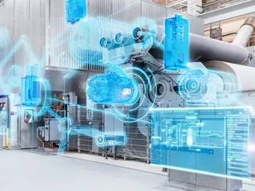 Paper machine hall with a digital overlay of its rolls and drives